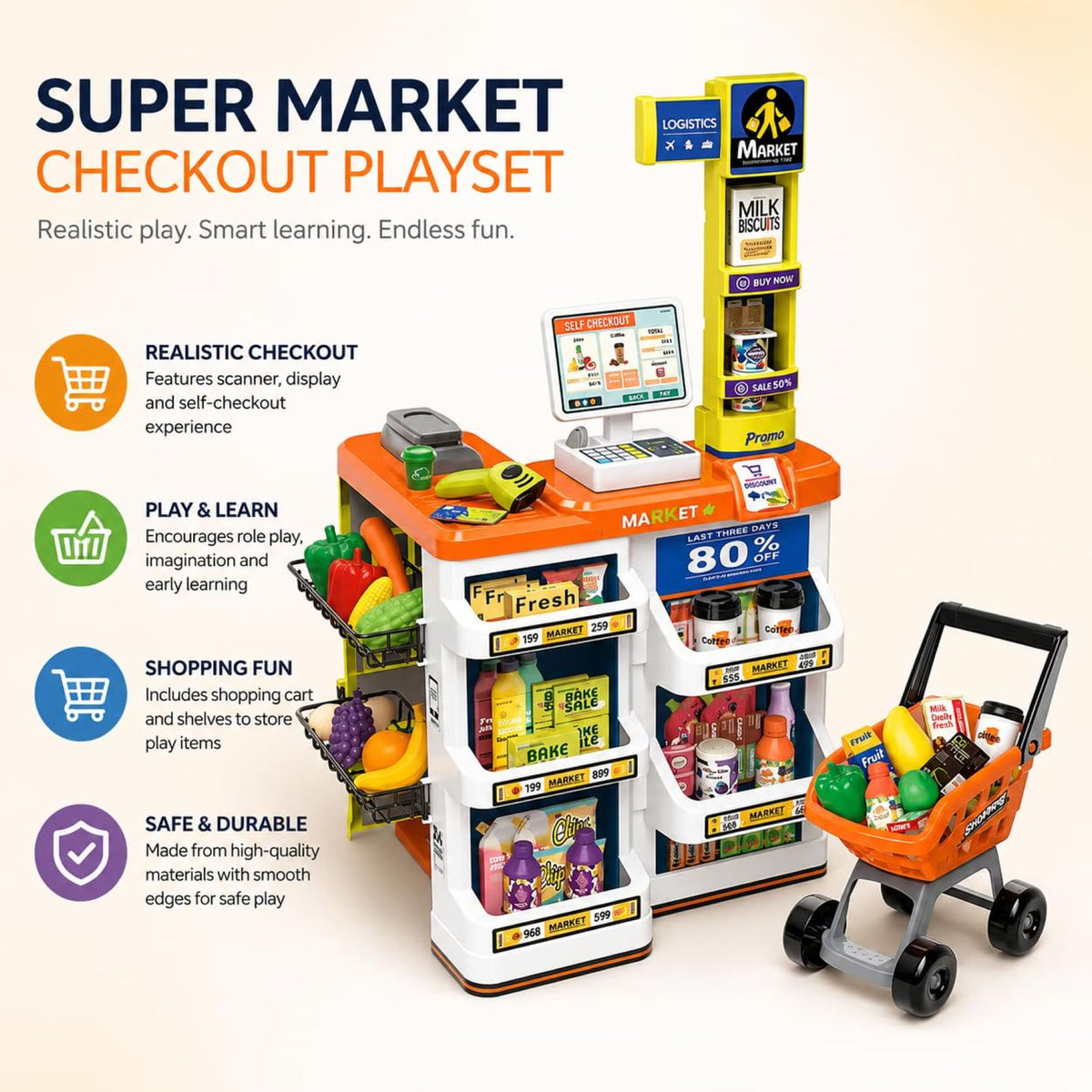 60 Piece Supermarket Cash Register Play Set Orange