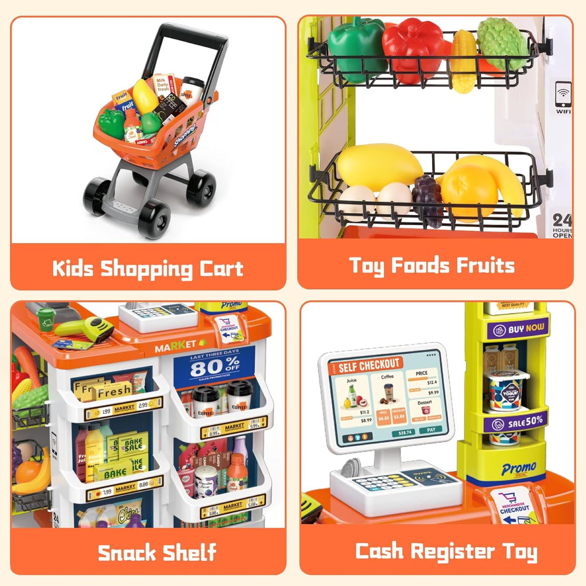 60 Piece Supermarket Cash Register Play Set Orange