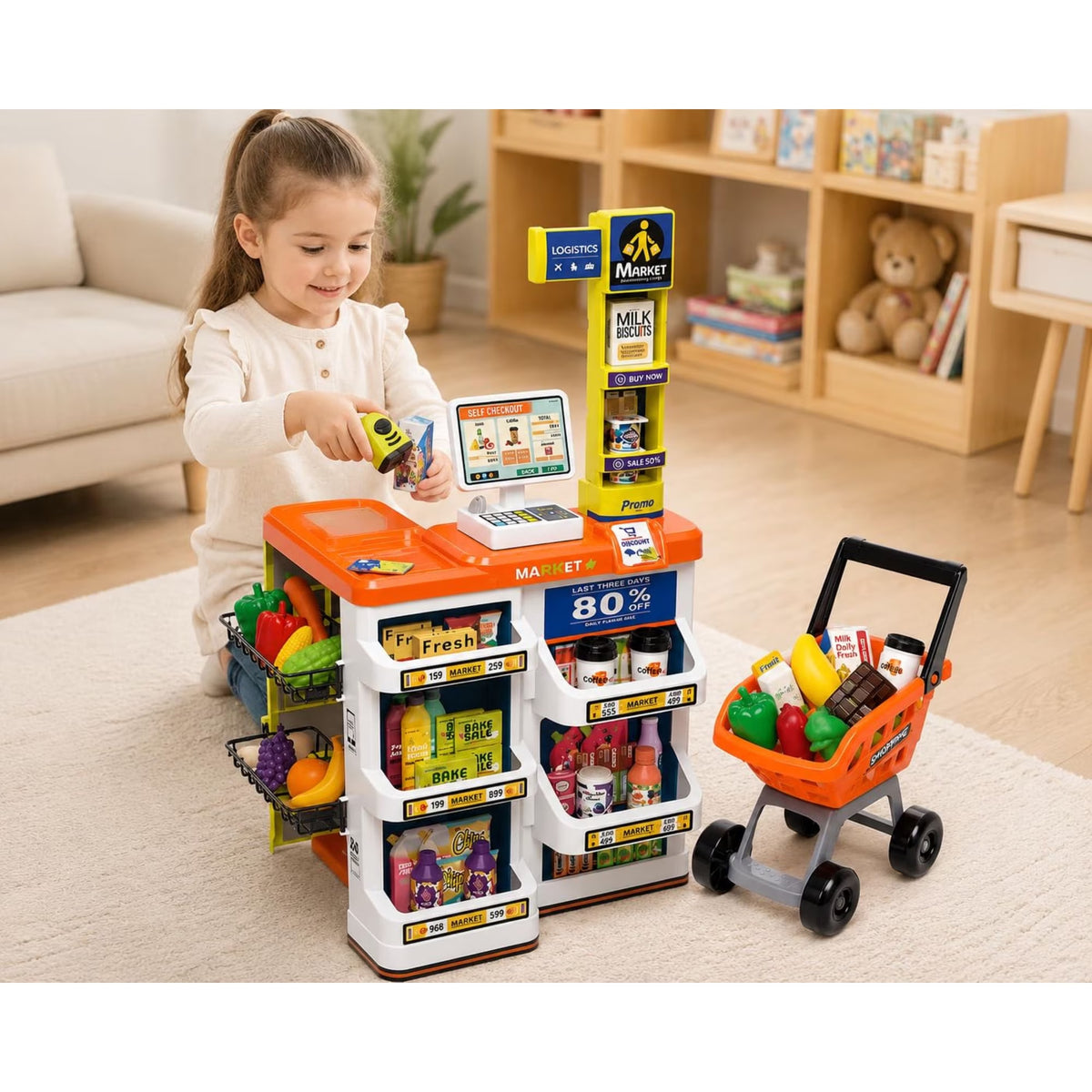 60 Piece Supermarket Cash Register Play Set Orange