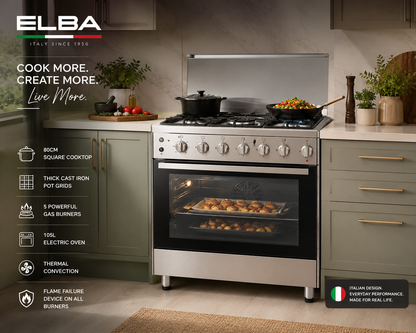 Elba 90cm 5 Burner Gas Stove with Electric Oven - Stainless Steel