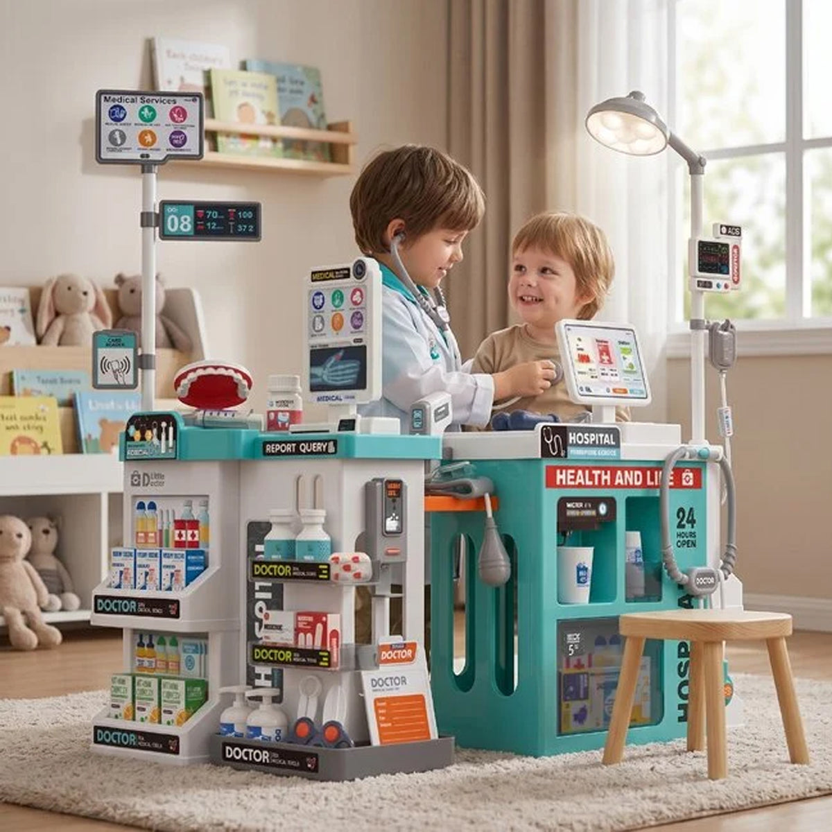 77 Piece 2-in-1 Medical Counter Doctor Play Set with Light & Sound Teal