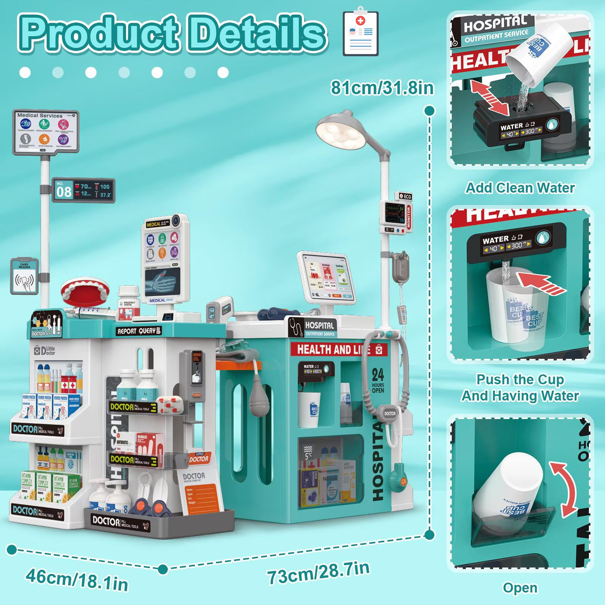 77 Piece 2-in-1 Medical Counter Doctor Play Set with Light & Sound Teal