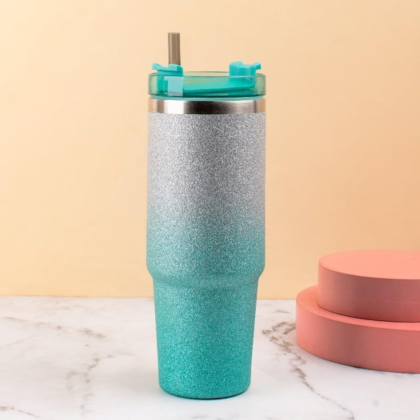 Kitchen Life 900ml 2-Toned Glitter Thermos Flask Turquoise & Silver