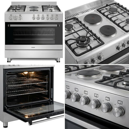 Elba Essential 90cm 4 Burner Gas Stove With 2 Electric Solid Plates & Electric Oven Stainless Steel + FREE Totai 85 Piece Tool Kit