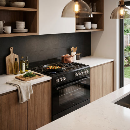 ELBA ESSENTIAL 90CM 5 BURNER GAS STOVE & ELECTRIC OVEN - BLACK + FREE TOTAI HEATER