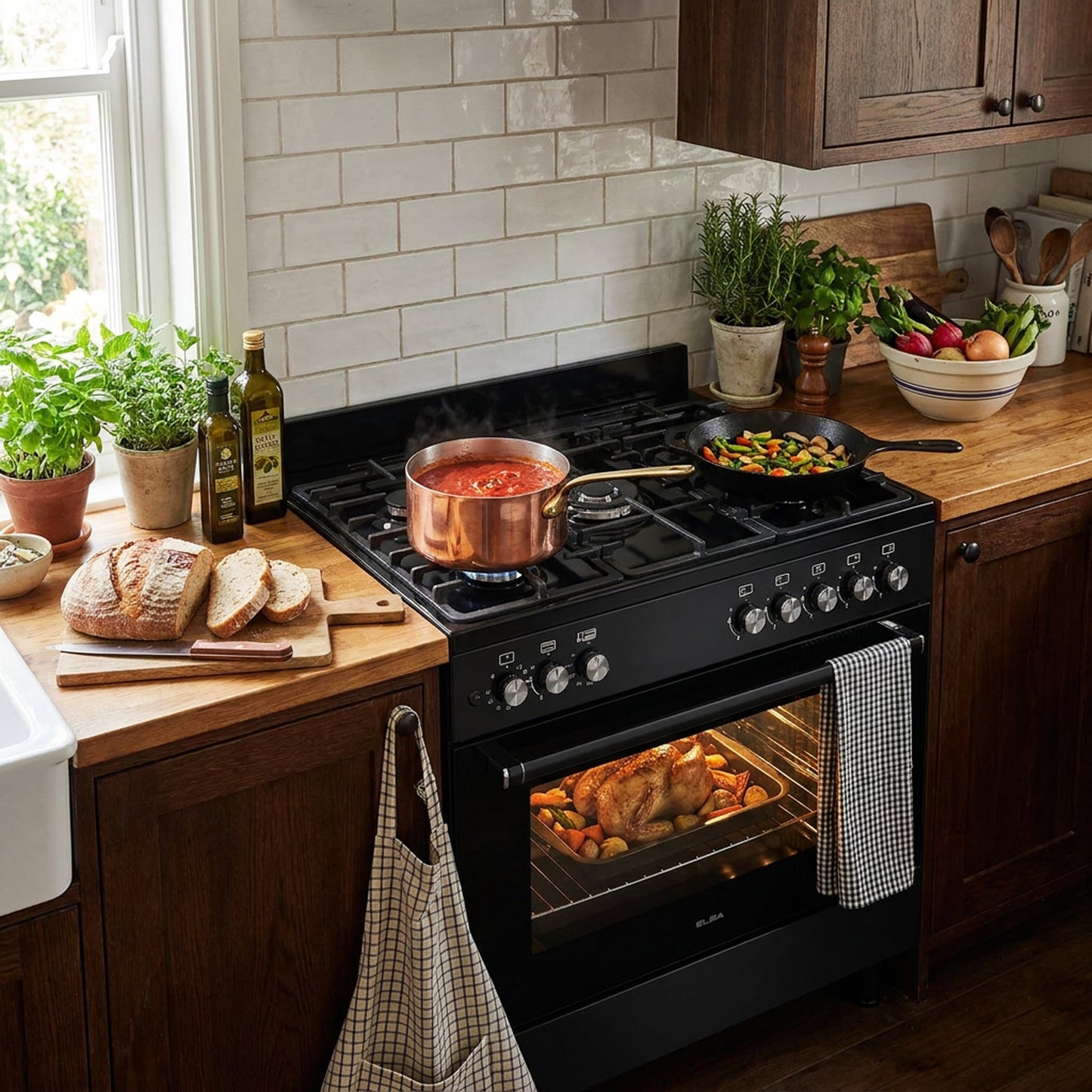ELBA ESSENTIAL 90CM 5 BURNER GAS STOVE & GAS OVEN - BLACK + FREE TOTAI HEATER