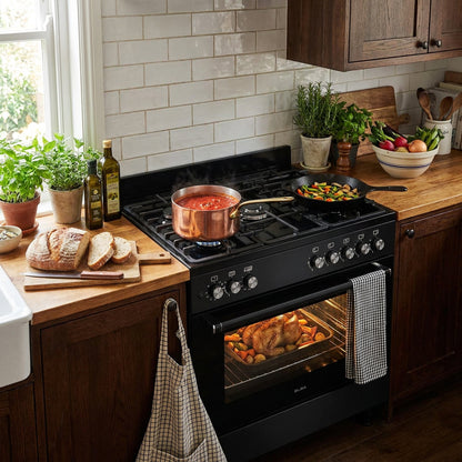 ELBA ESSENTIAL 90CM 5 BURNER GAS STOVE & GAS OVEN - BLACK + FREE TOTAI HEATER