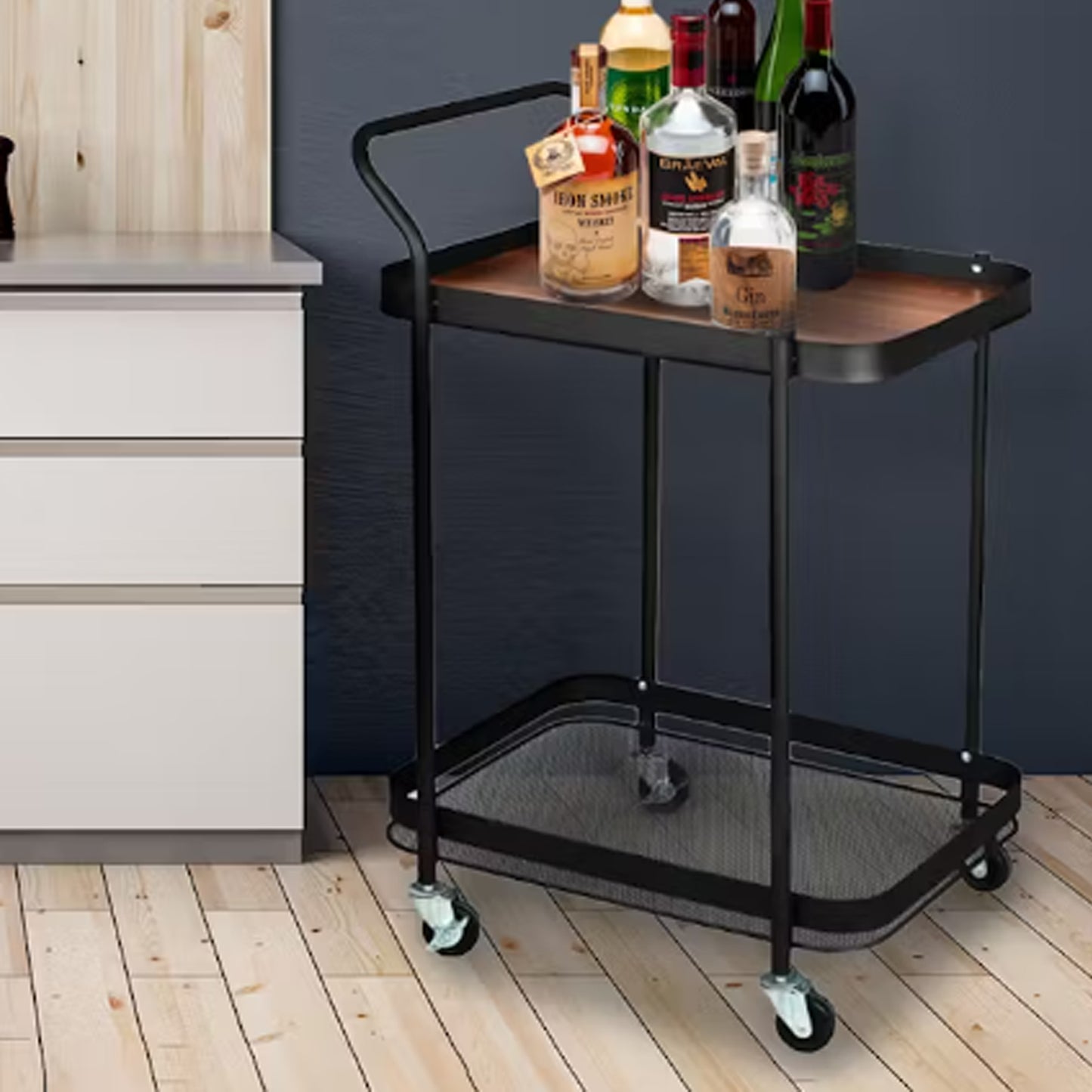 Aqua 2 Tier Serving Cart on Wheels Black