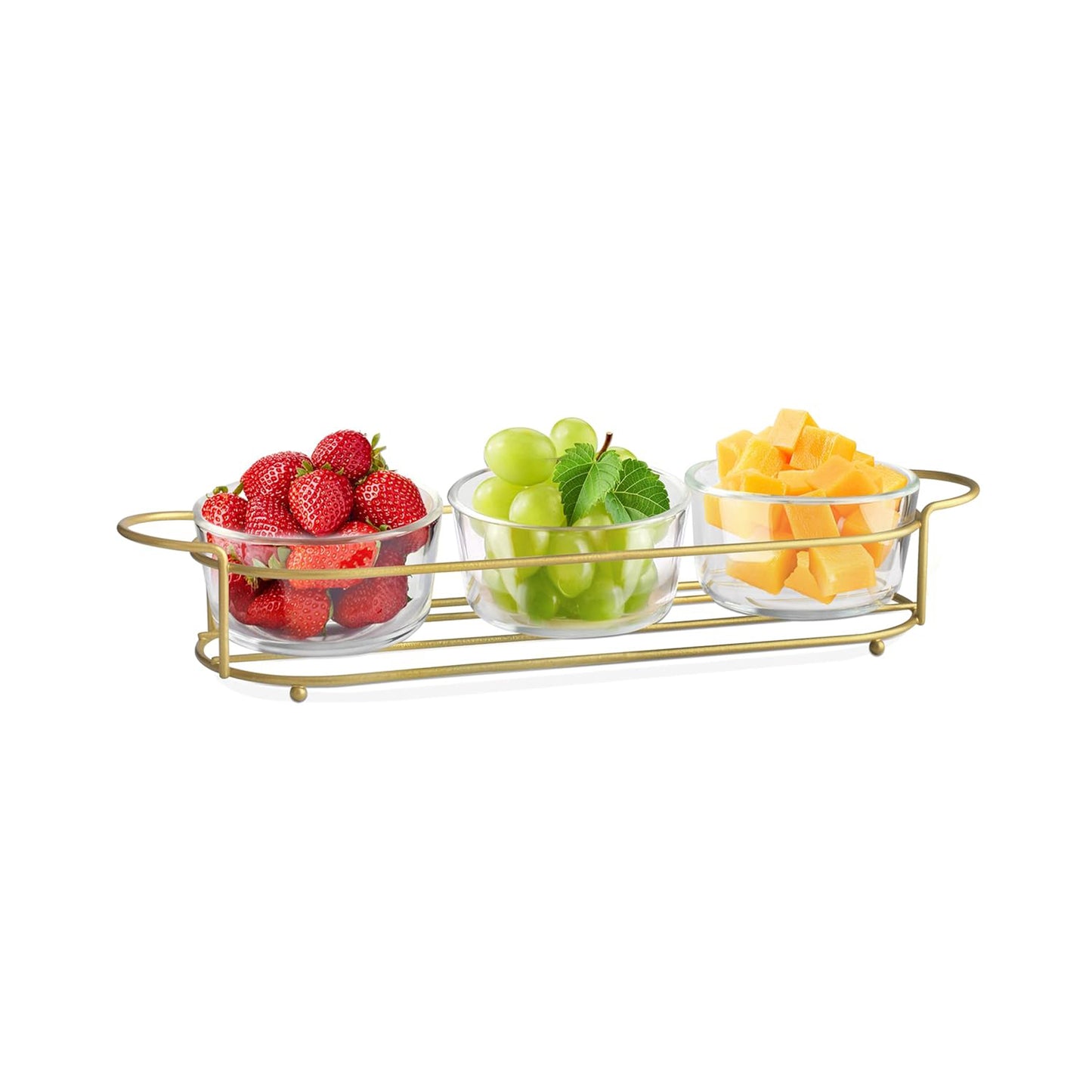 Aqua 3 Piece Glass Bowl with Metal Stand Set Gold