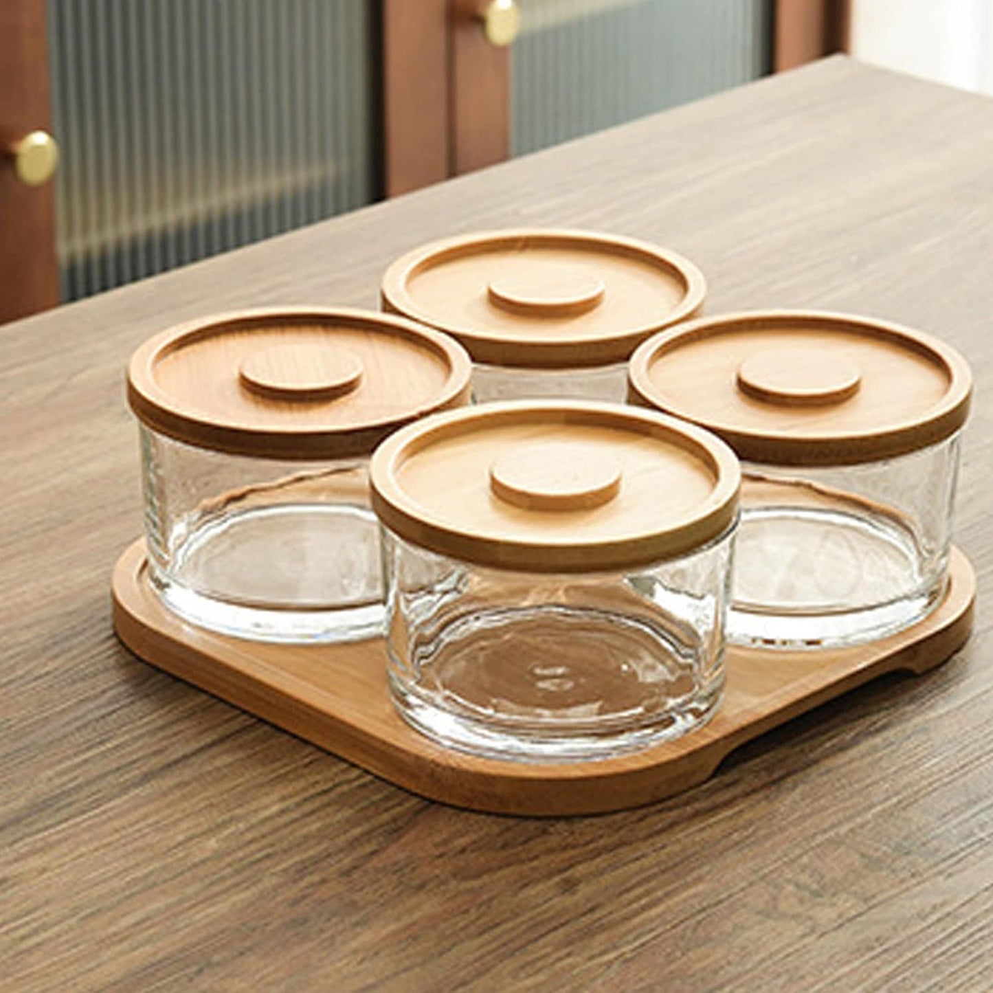 Aqua 4 Piece Chip & Dip Serving Set with Bamboo Tray Clear