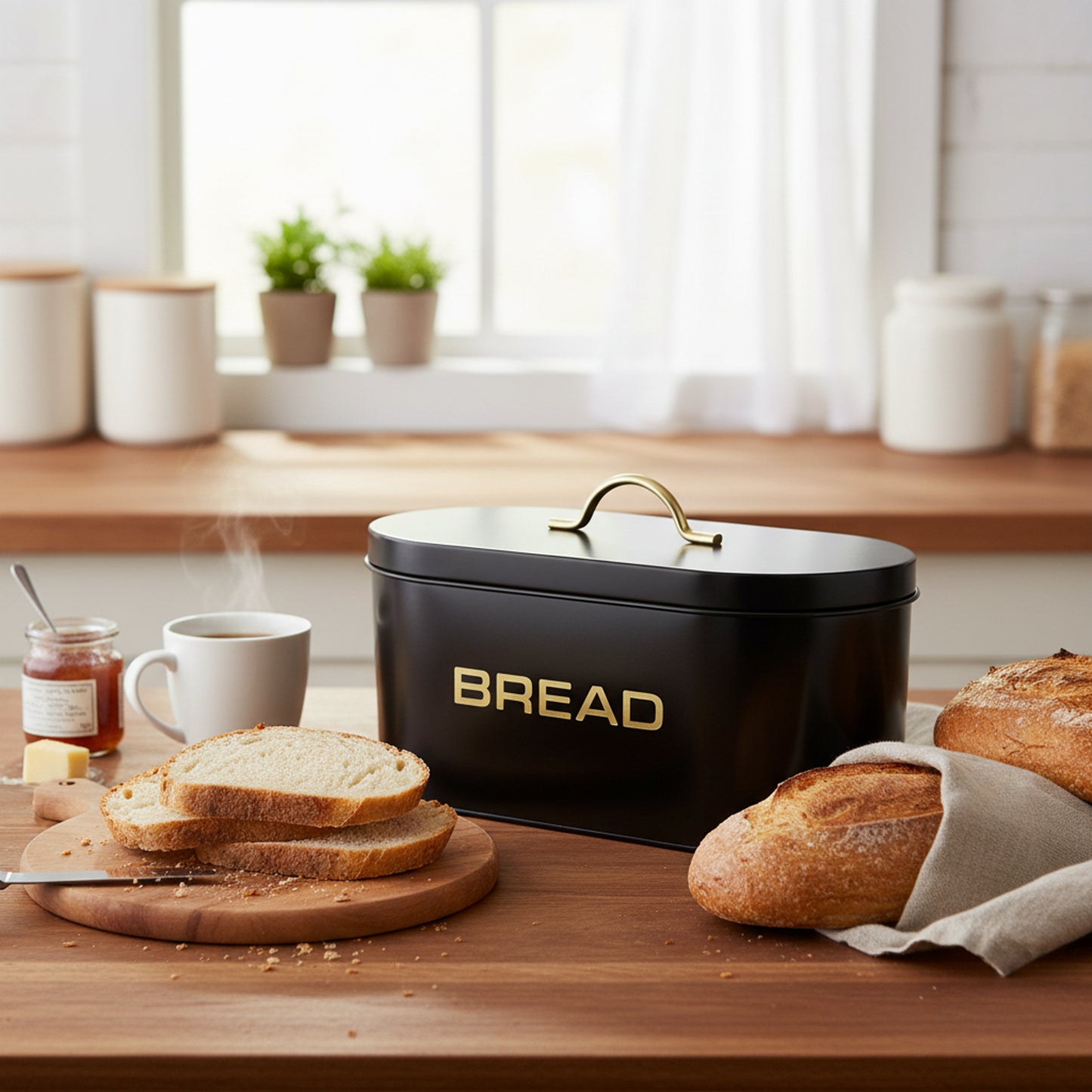 Aqua Bread Bin Matte Black with Gold Print