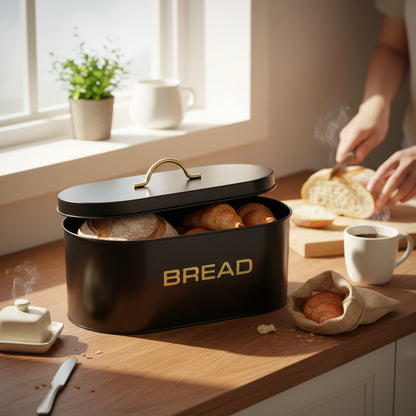 Aqua Bread Bin Matte Black with Gold Print