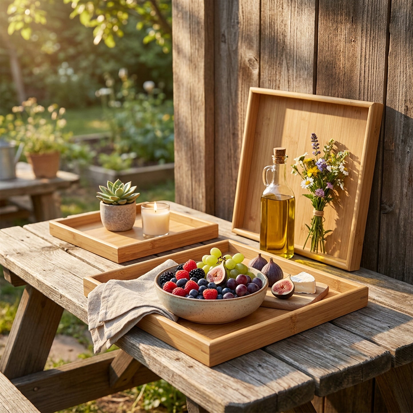 Bamboo 3 Piece Serving Tray Set Brown
