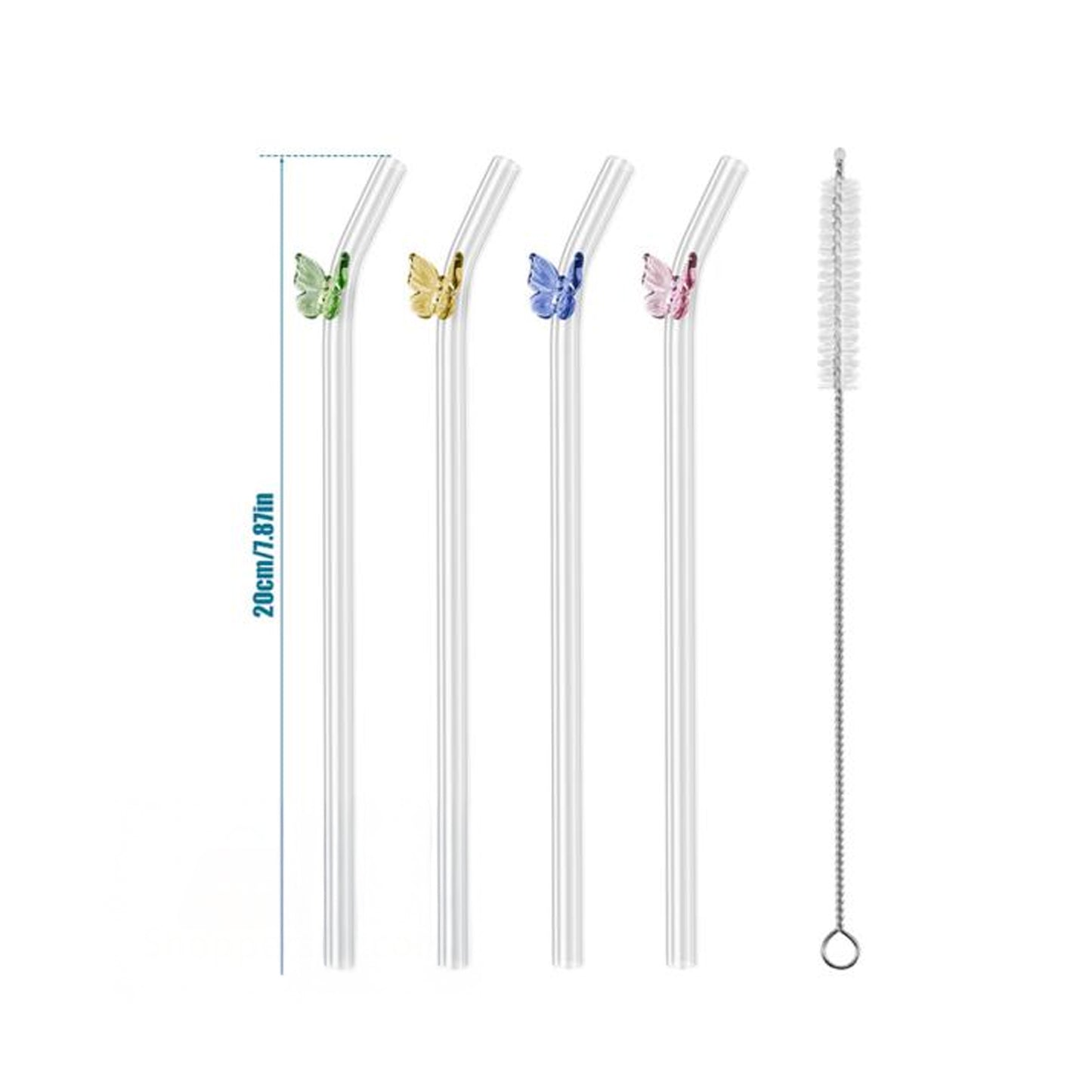 5 Piece Butterfly Glass Straw Set Clear