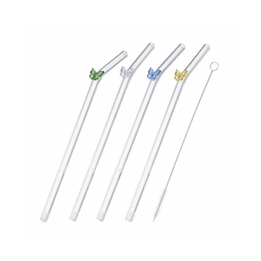 5 Piece Butterfly Glass Straw Set Clear