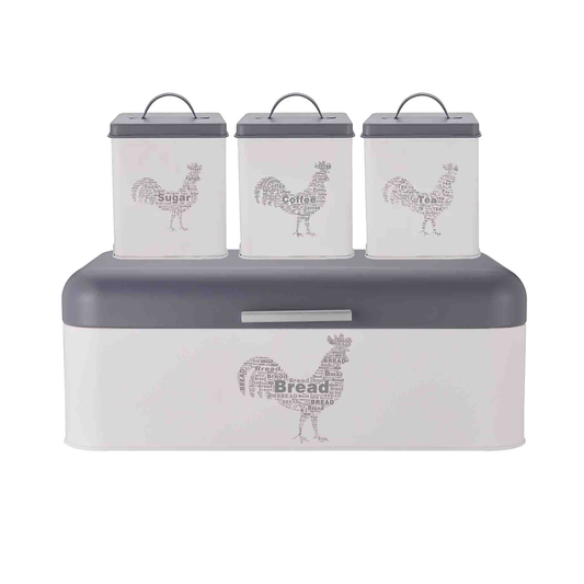 CH 4 Piece Rooster Canister Set Grey & White