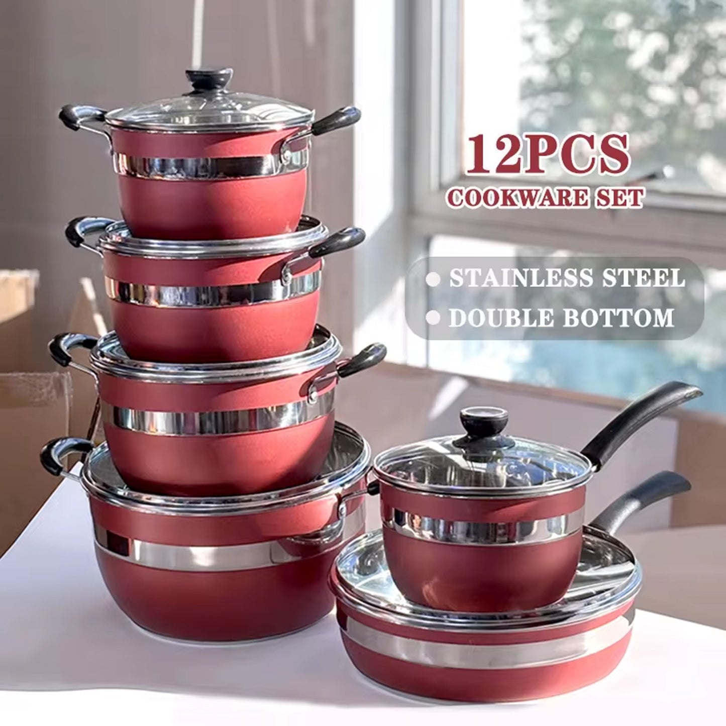 First Home Range 12 Piece Stainless Steel Pot Set Red