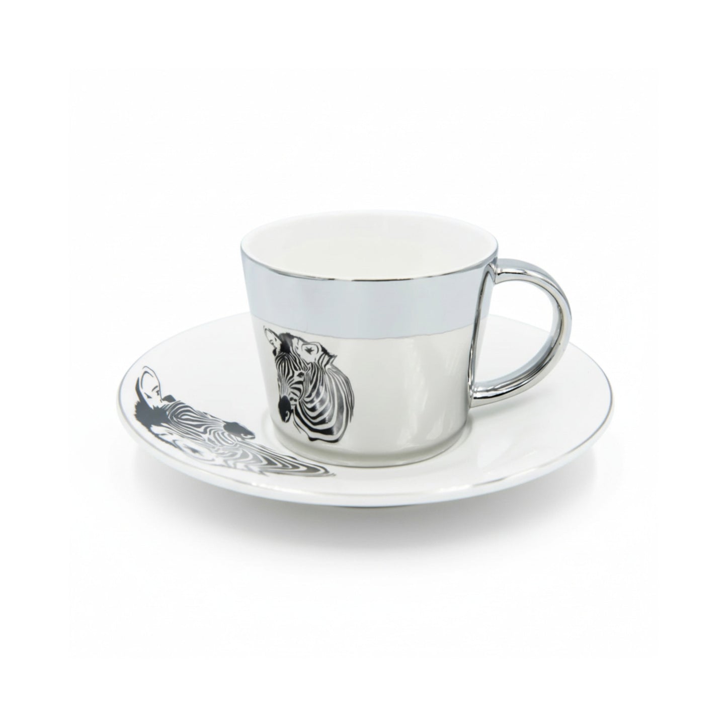 Zebra Design Reflective Cup & Saucer Set Silver & White