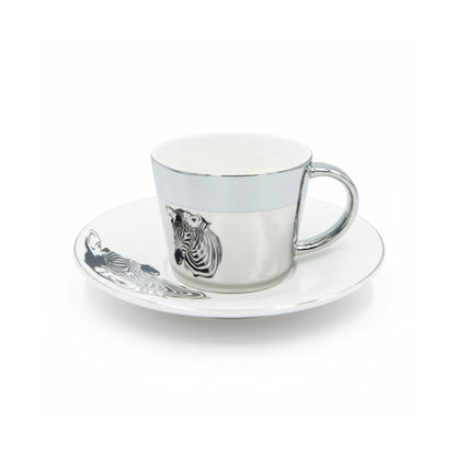 Zebra Design Reflective Cup & Saucer Set Silver & White