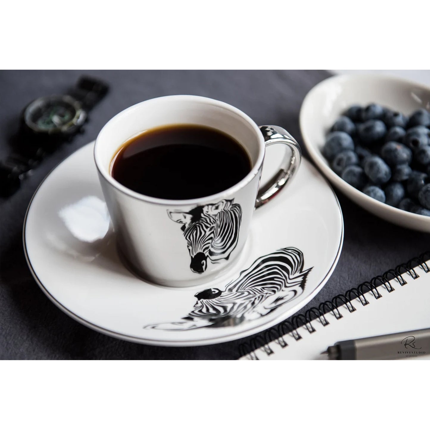 Zebra Design Reflective Cup & Saucer Set Silver & White