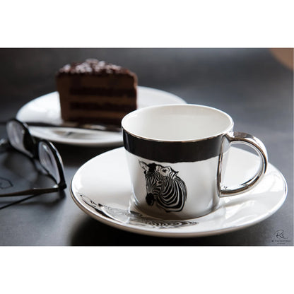 Zebra Design Reflective Cup & Saucer Set Silver & White