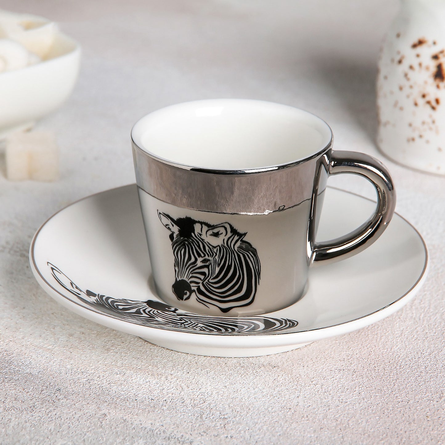 Zebra Design Reflective Cup & Saucer Set Silver & White