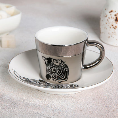Zebra Design Reflective Cup & Saucer Set Silver & White