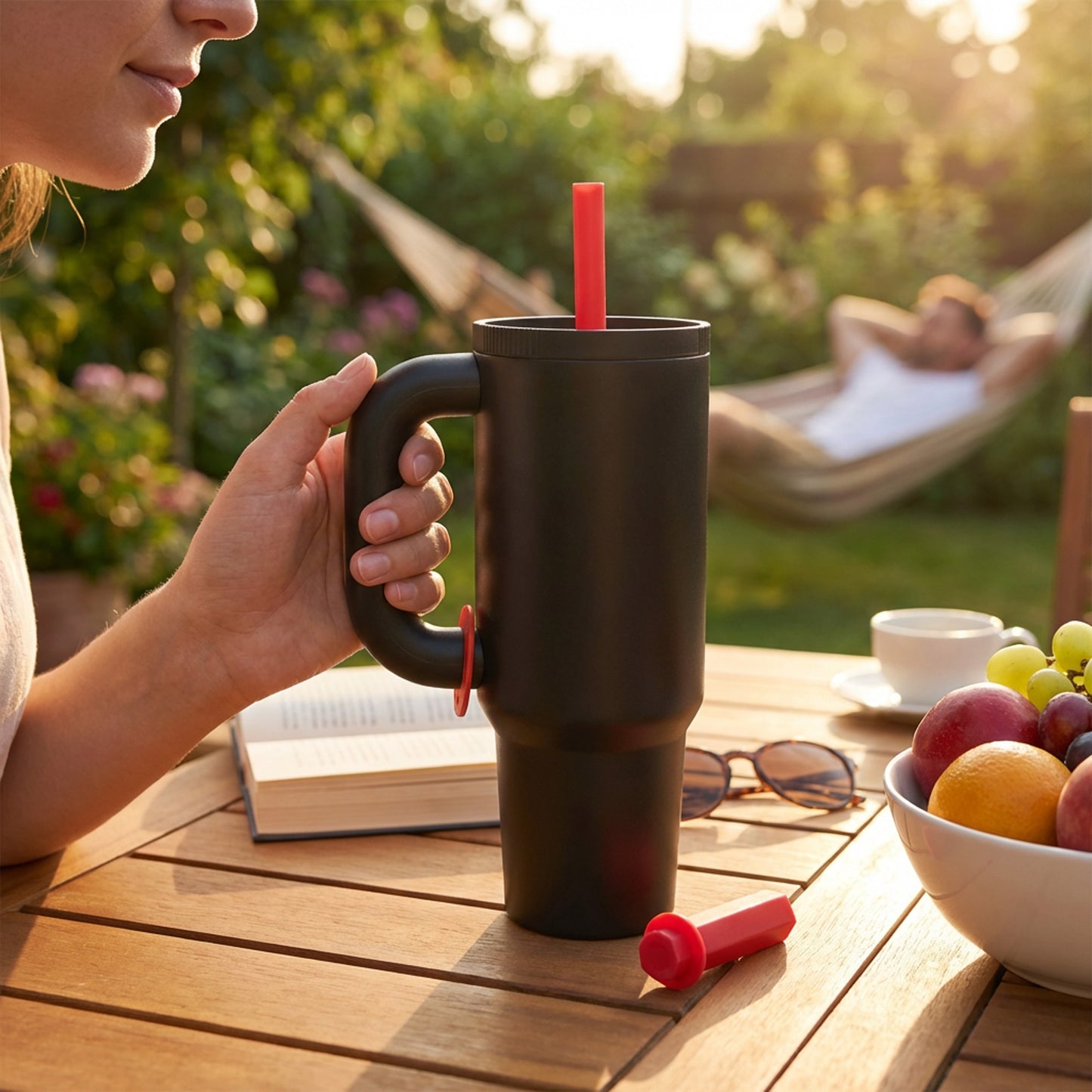 1.2Lt Flask with Straw Black & Red