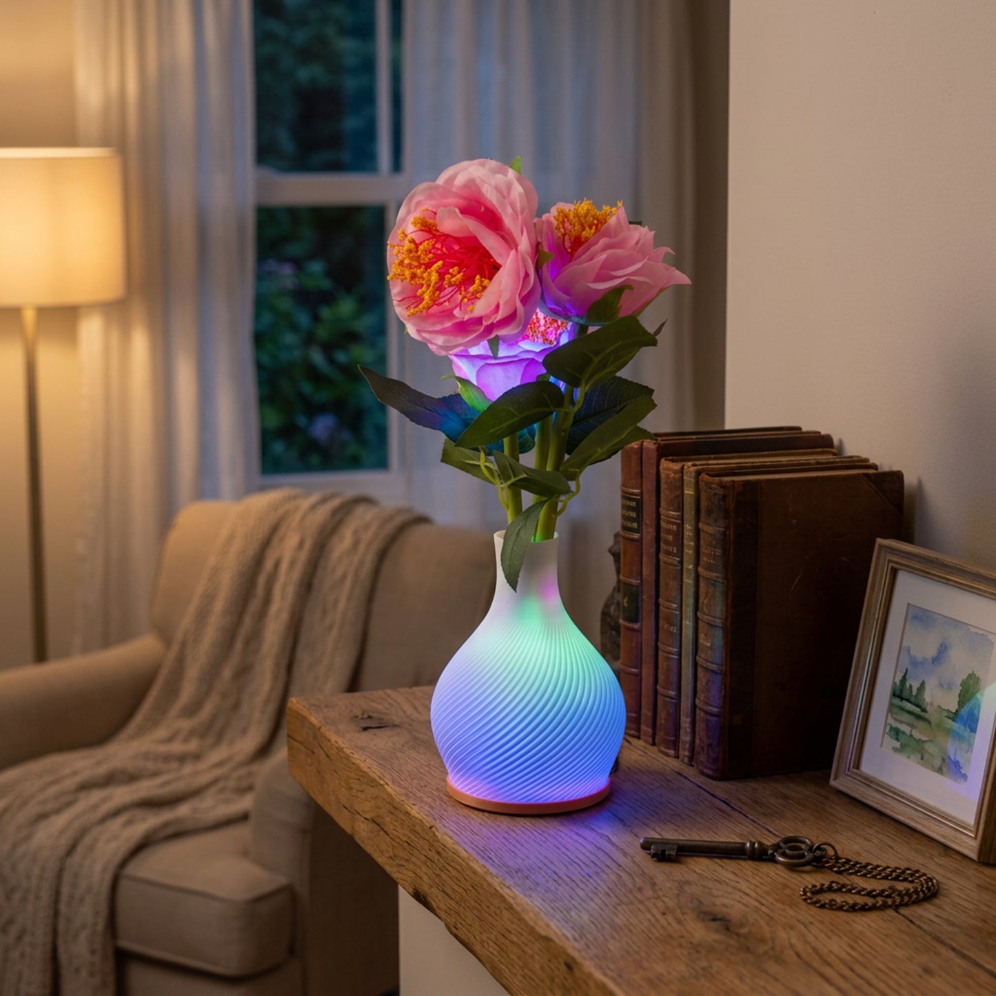 Vase with Pink Flowers & LED Lights White