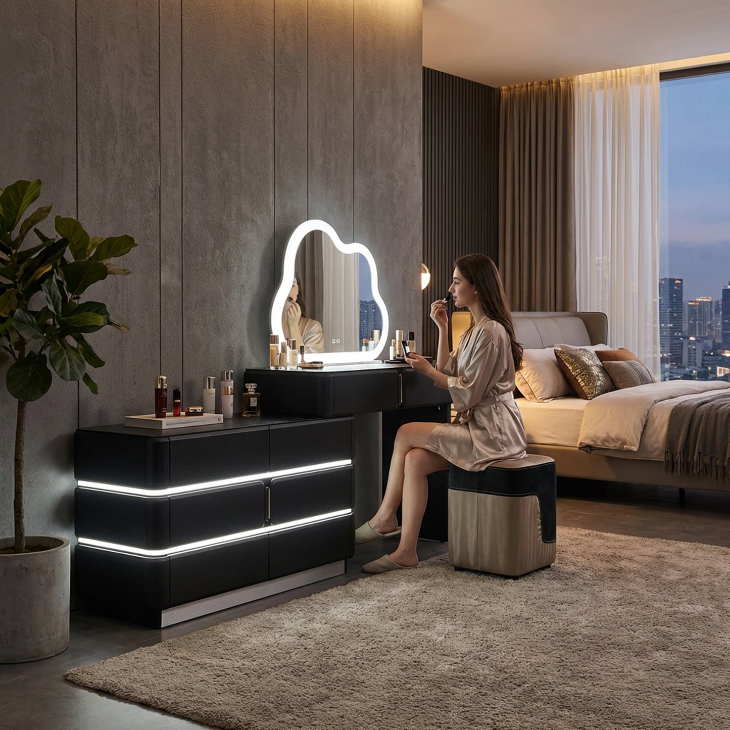 LED Dressing Table with Cloud Shaped Mirror & Stool Black