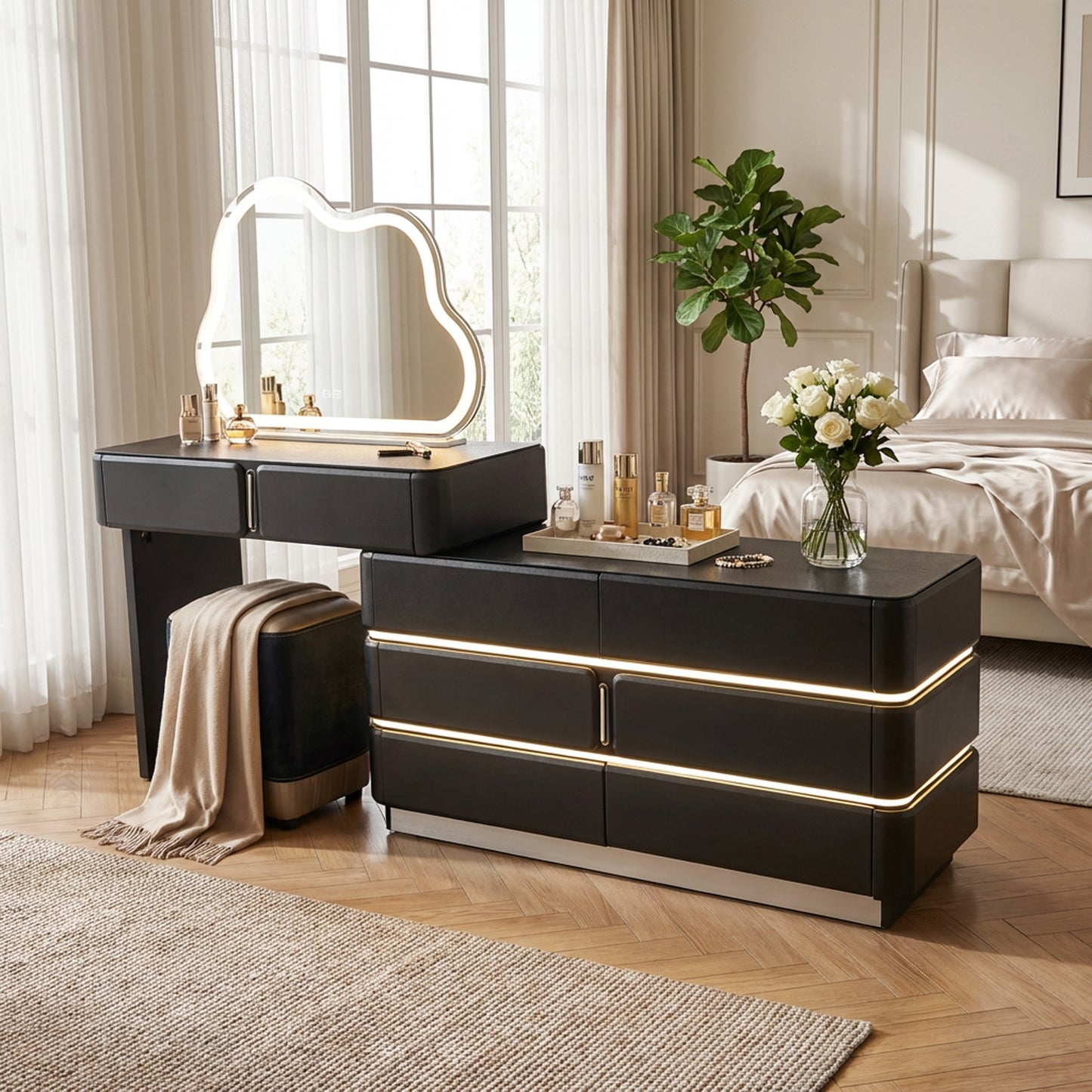 LED Dressing Table with Cloud Shaped Mirror & Stool Black