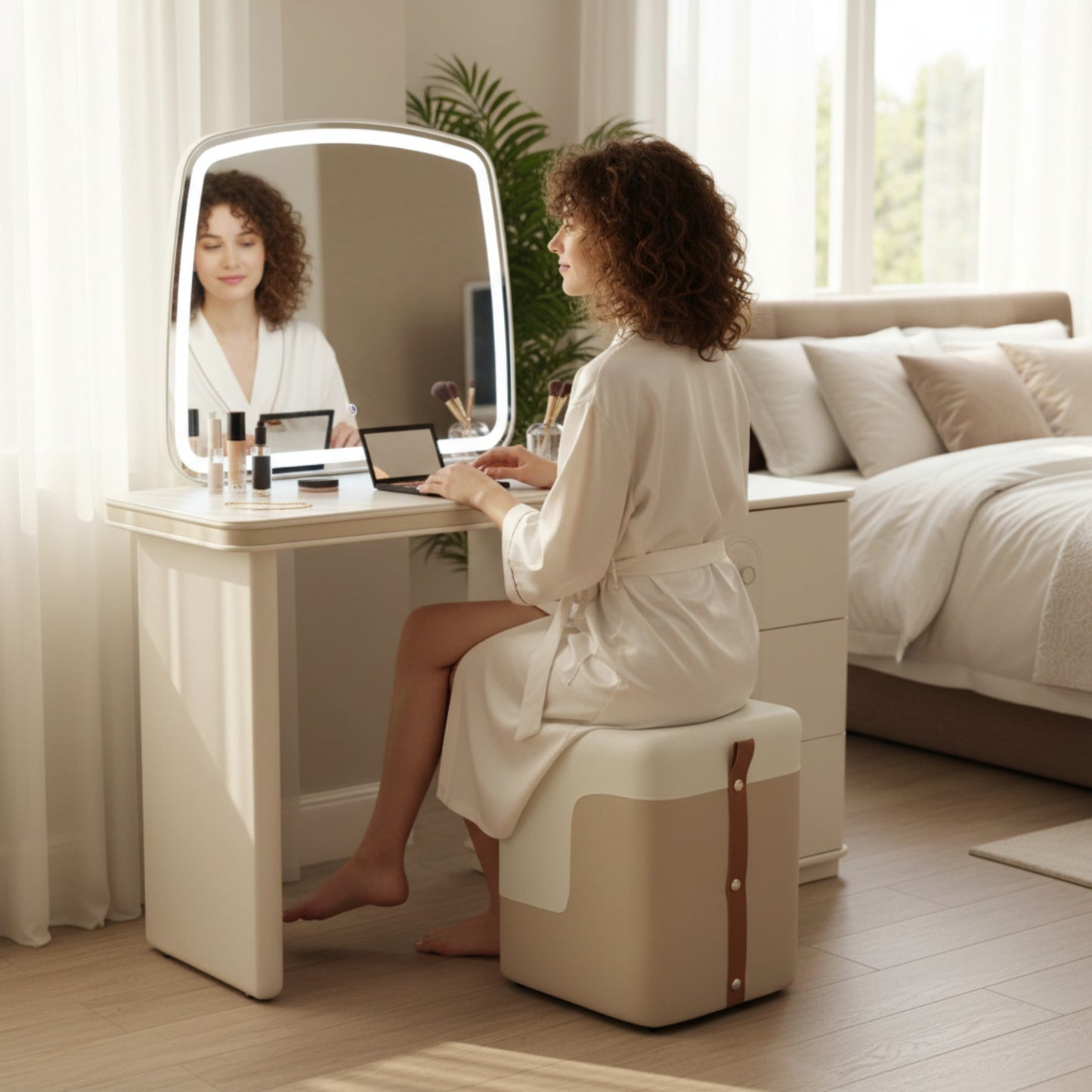 Dresser Table Cream LED Mirror With Stool  8522