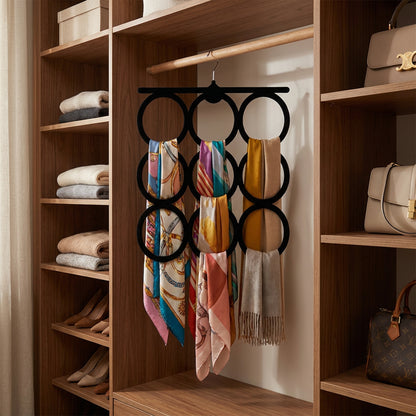 Velvet Covered 9-Ring Scarf & Accessory Hanger Black