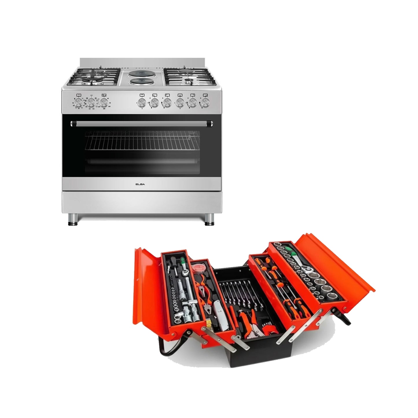 Elba Essential 90cm 4 Burner Gas Stove With 2 Electric Solid Plates & Electric Oven Stainless Steel + FREE Totai 85 Piece Tool Kit