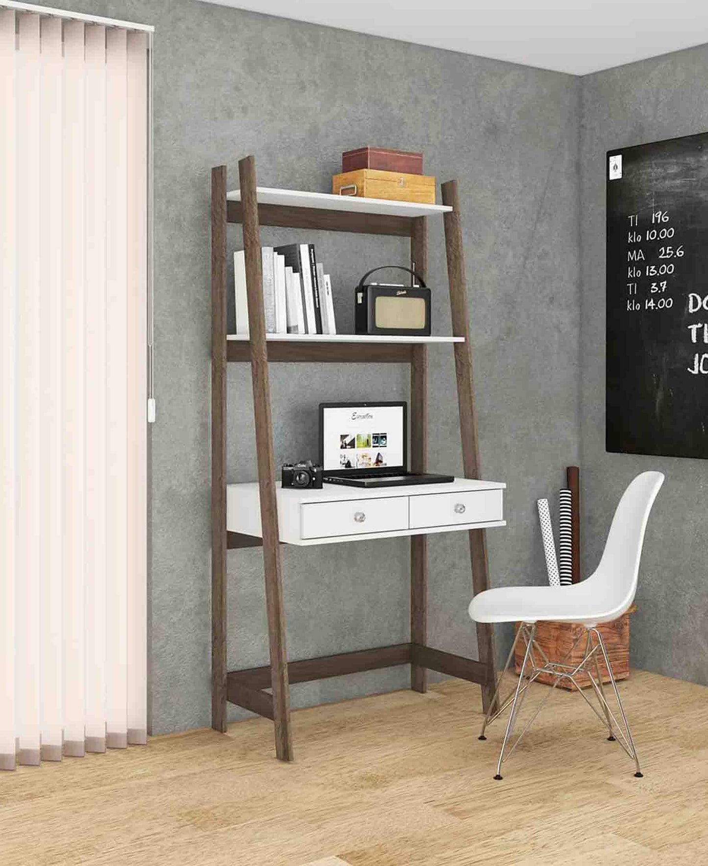 Exotic Designs Bookshelf Desk 2 Drawers - Rustic & White