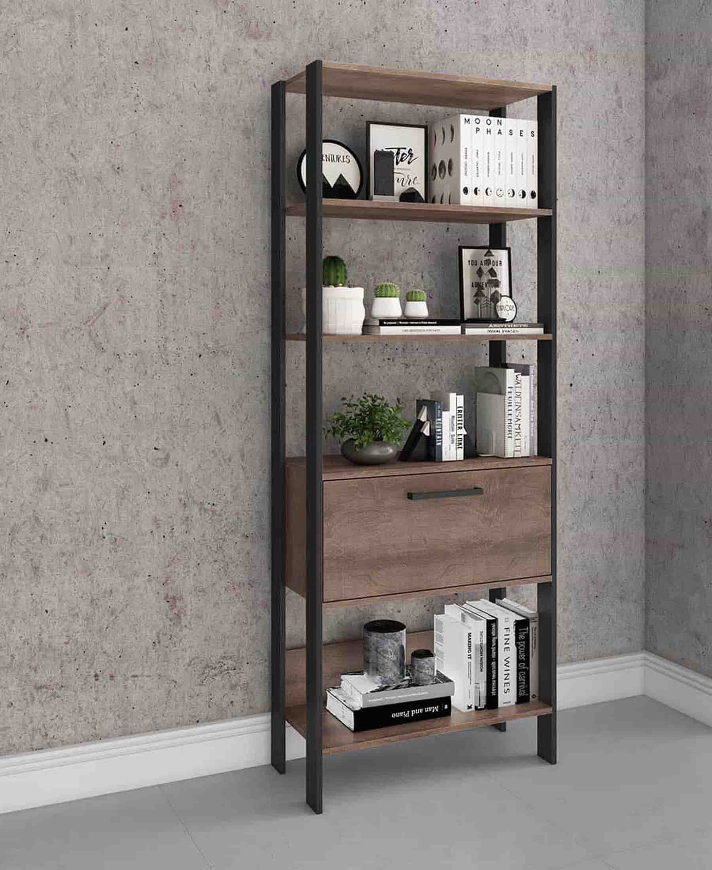 Exotic Designs Modern Tower Shelf With 4 Shelves - Rustic & Black