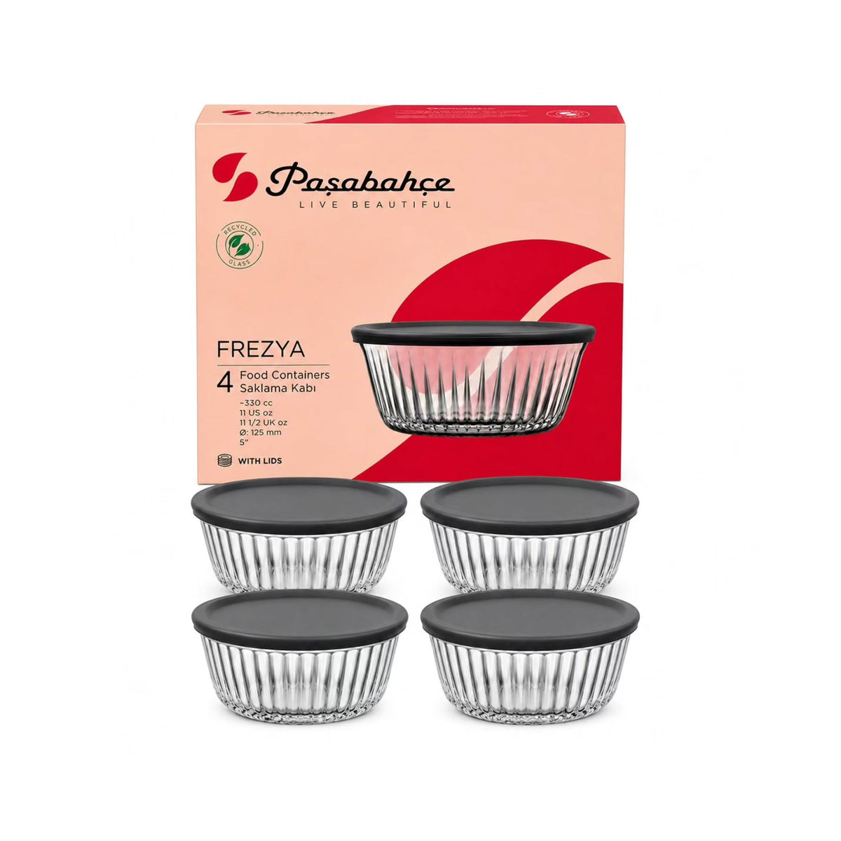 Pasabahce Frezya 330ml Container with Grey Lid Set of 4