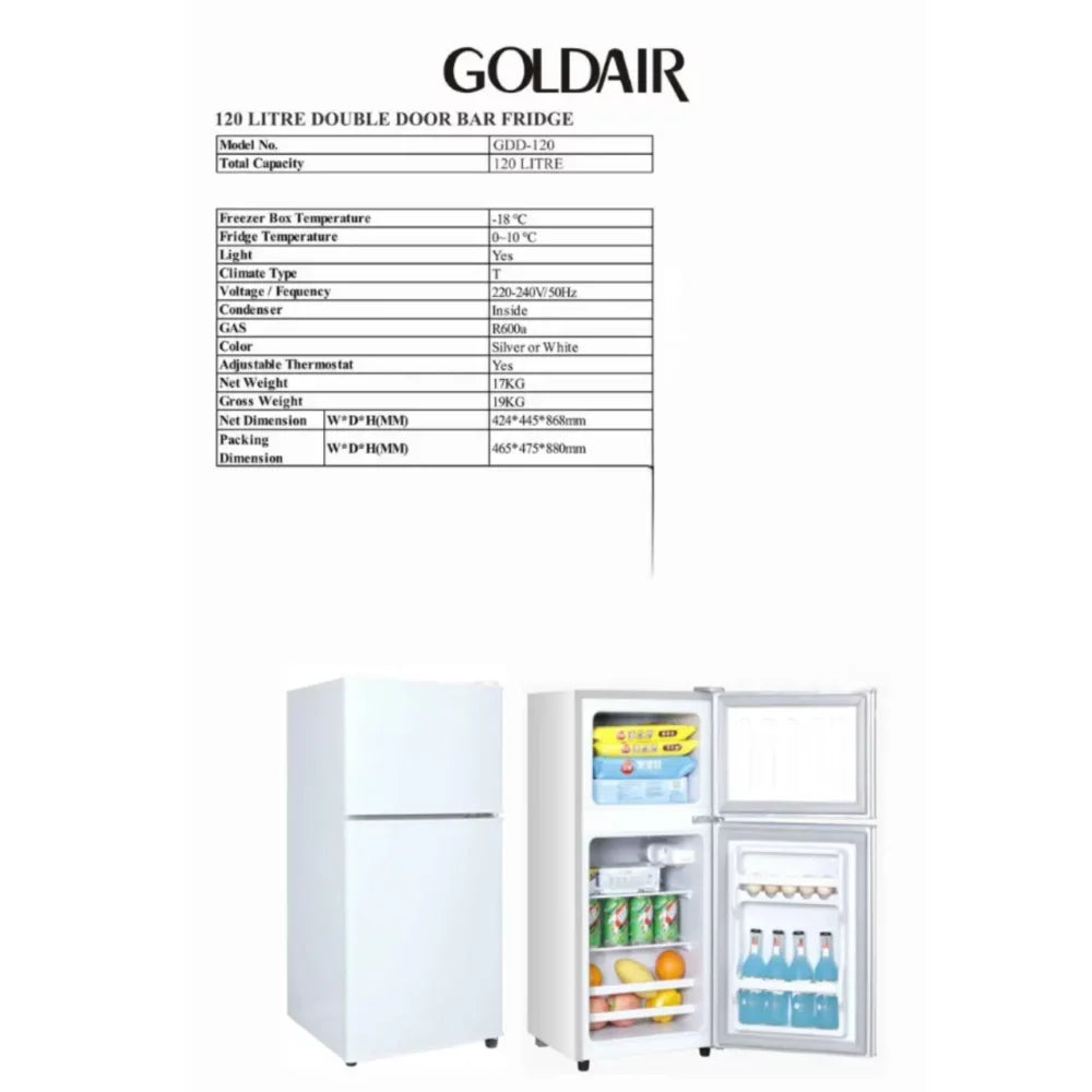 Goldair 120L Double Door Fridge Freezer White GDD-120
