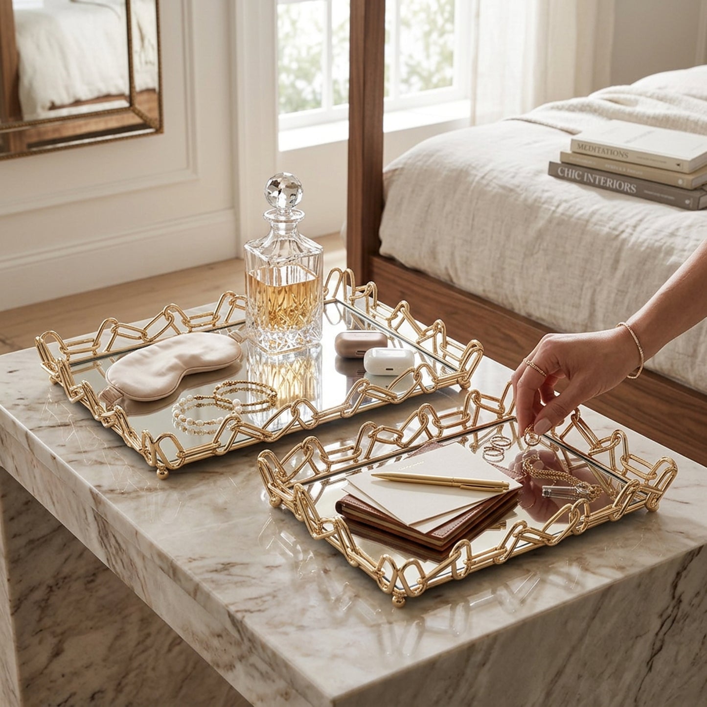 2 Piece Chain Design Tray Set Gold