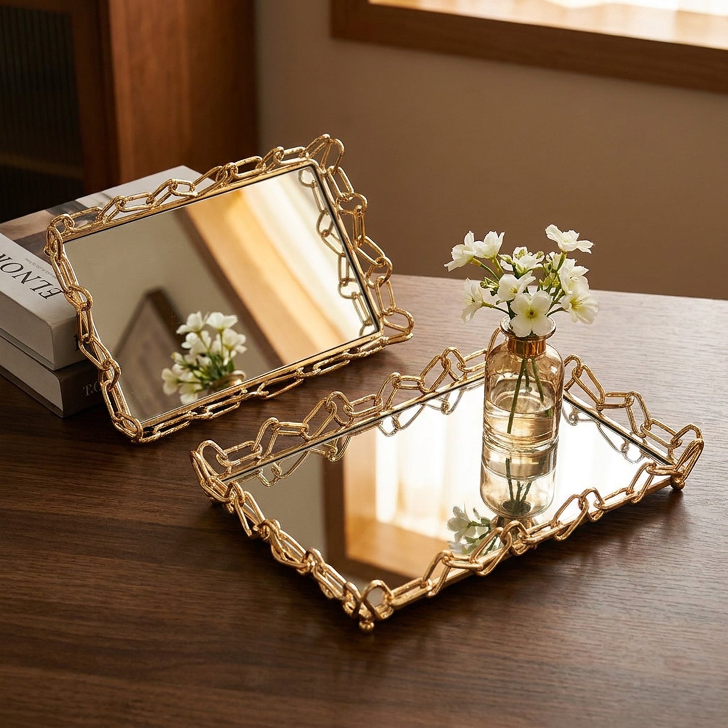 2 Piece Chain Design Tray Set Gold