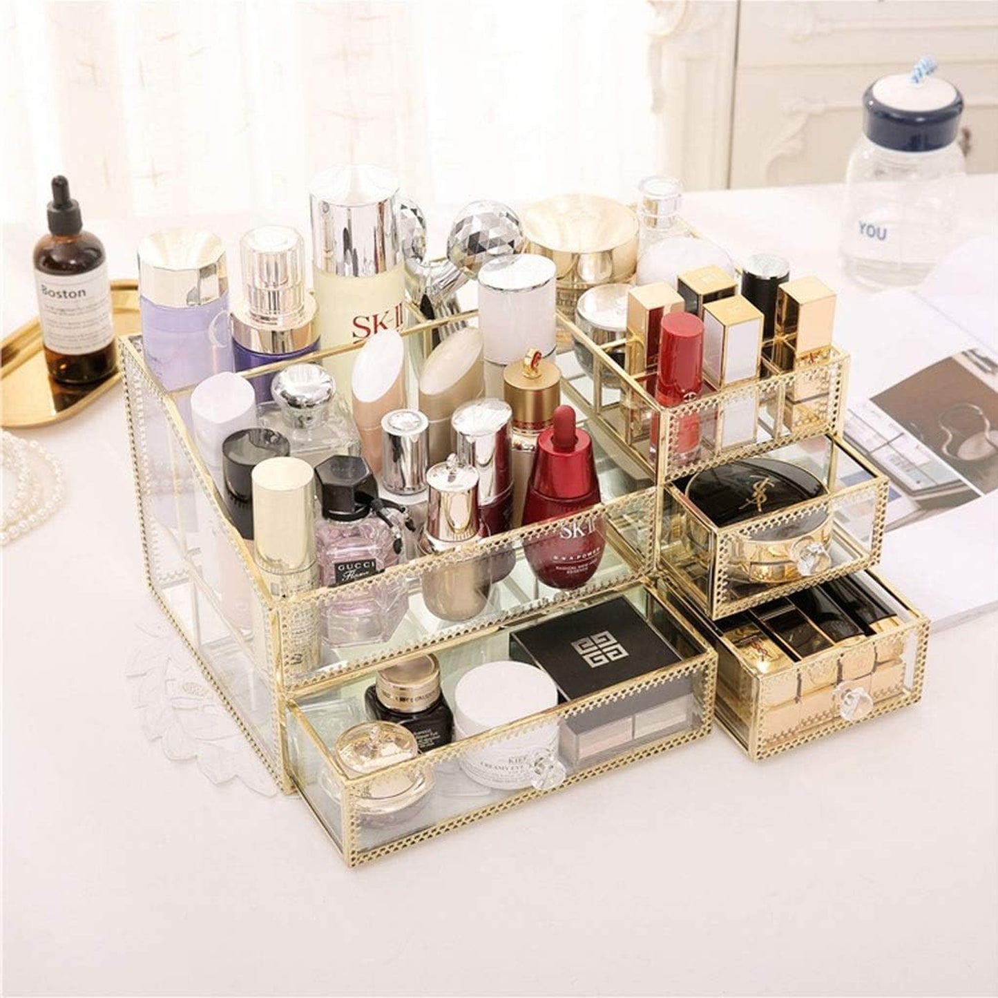 Exotic Designs Glass Cosmetic Organizer Clear & Gold