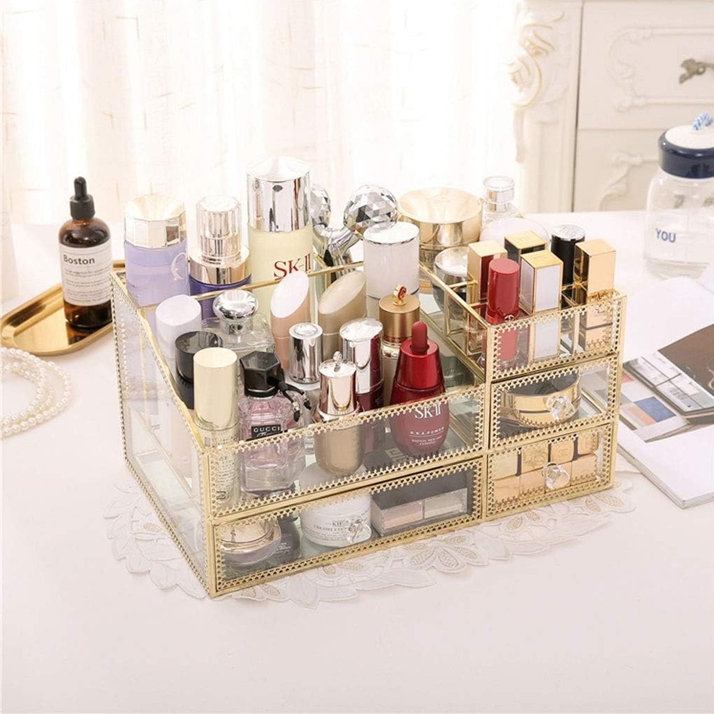 Exotic Designs Glass Cosmetic Organizer Clear & Gold