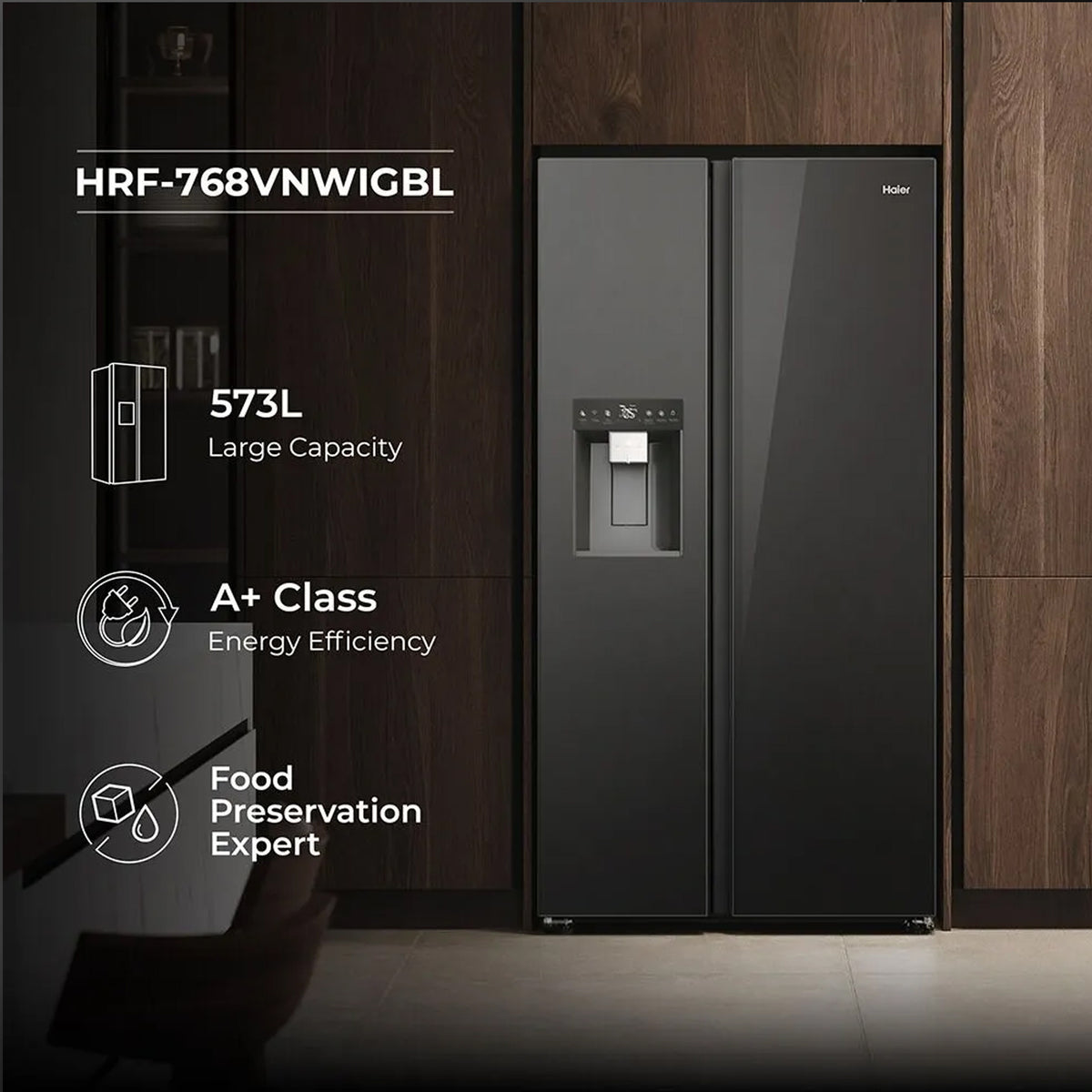 Haier 573L Side-by-Side Refrigerator - Black Crystal Glass