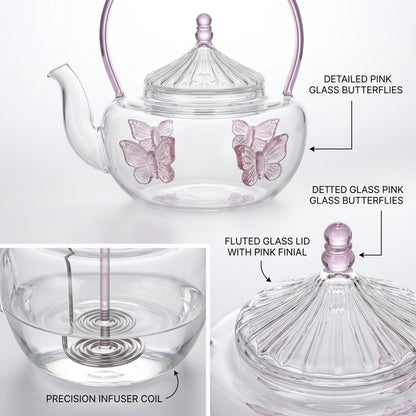 Glass Teapot with Butterfly Design Clear