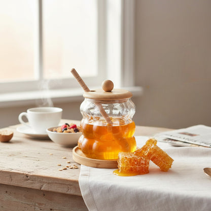 Honey Jar with Bamboo Lid & Dipper Clear
