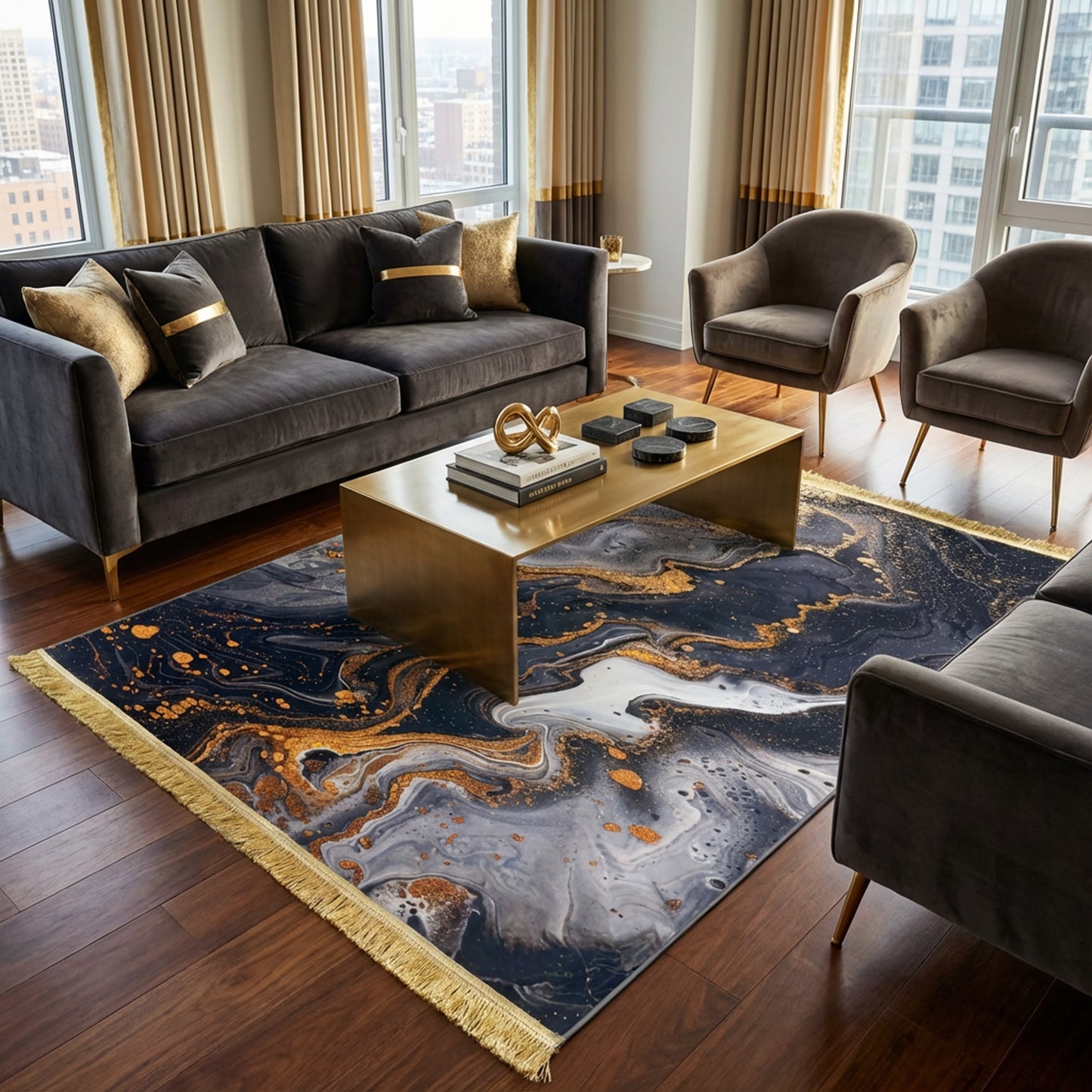 1.5 x 2m 3D Marble Design Carpet Black & Gold