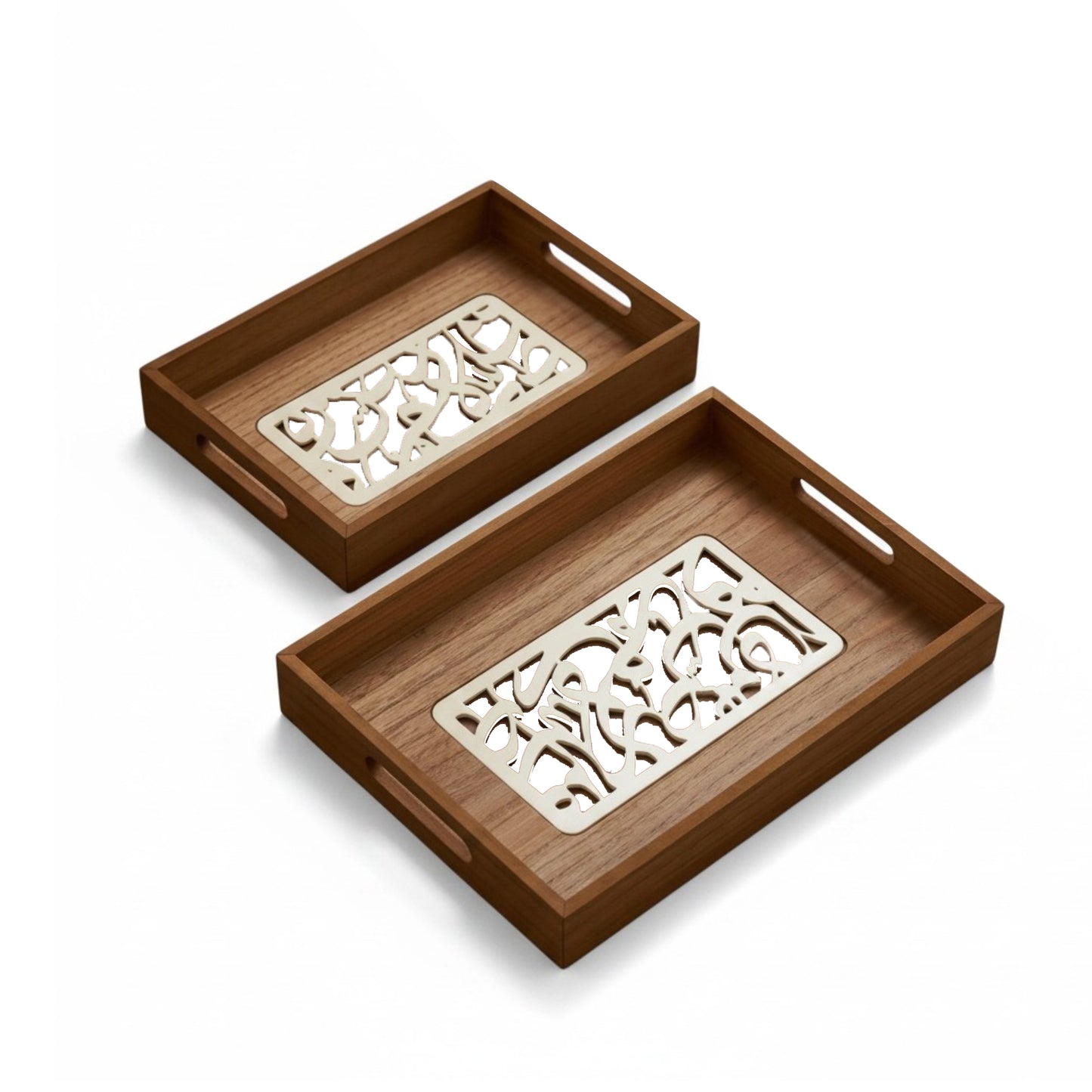 2 Piece Calligraphy Design Wooden Serving Trays Cream