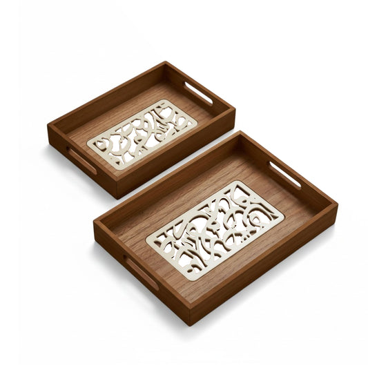 2 Piece Calligraphy Design Wooden Serving Trays Cream