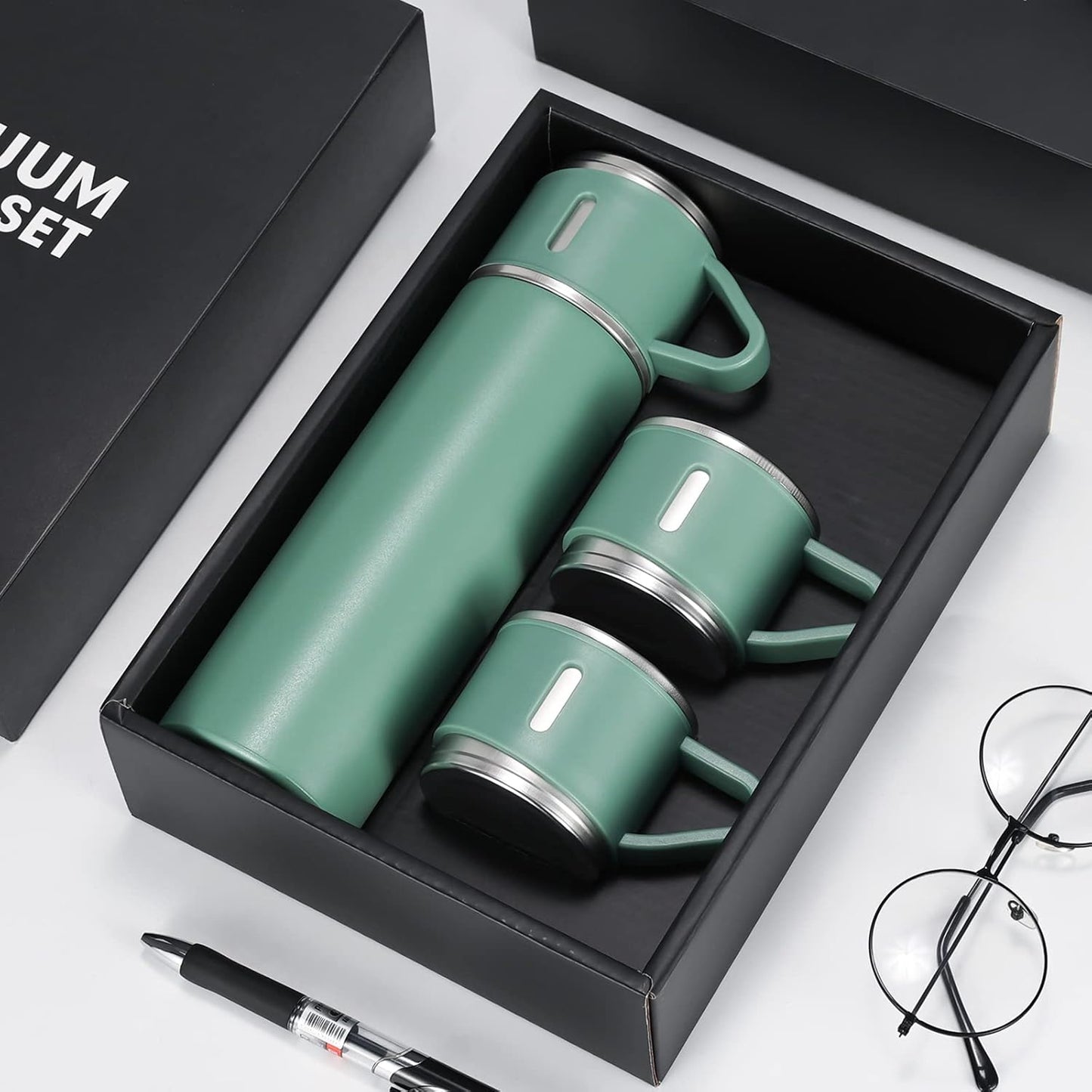 500ml Stainless Steel Flask with 3 Cups Green