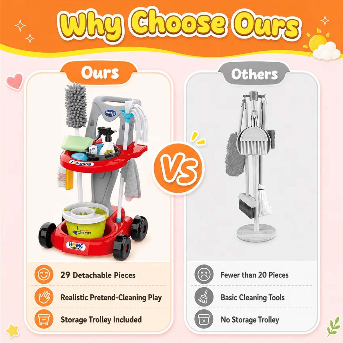 Little Helper Cleaning Cart Set with Vacuum Cleaner Red